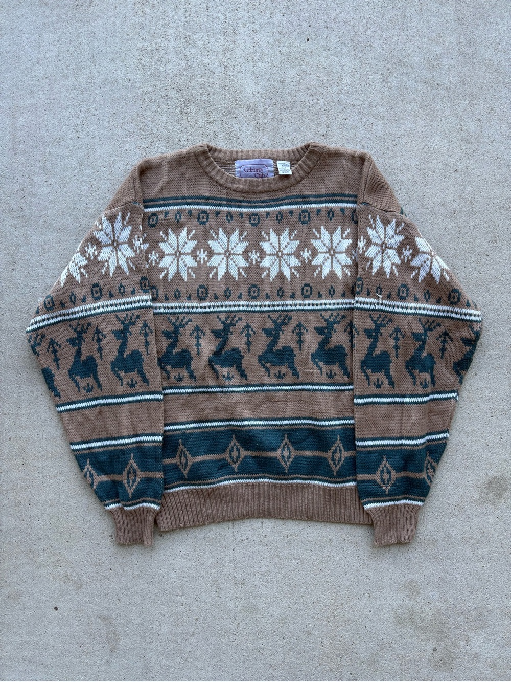 Vintage 80s Fair Isle Reindeer Sweater Mens Large Brown Snowflake Knit Korea